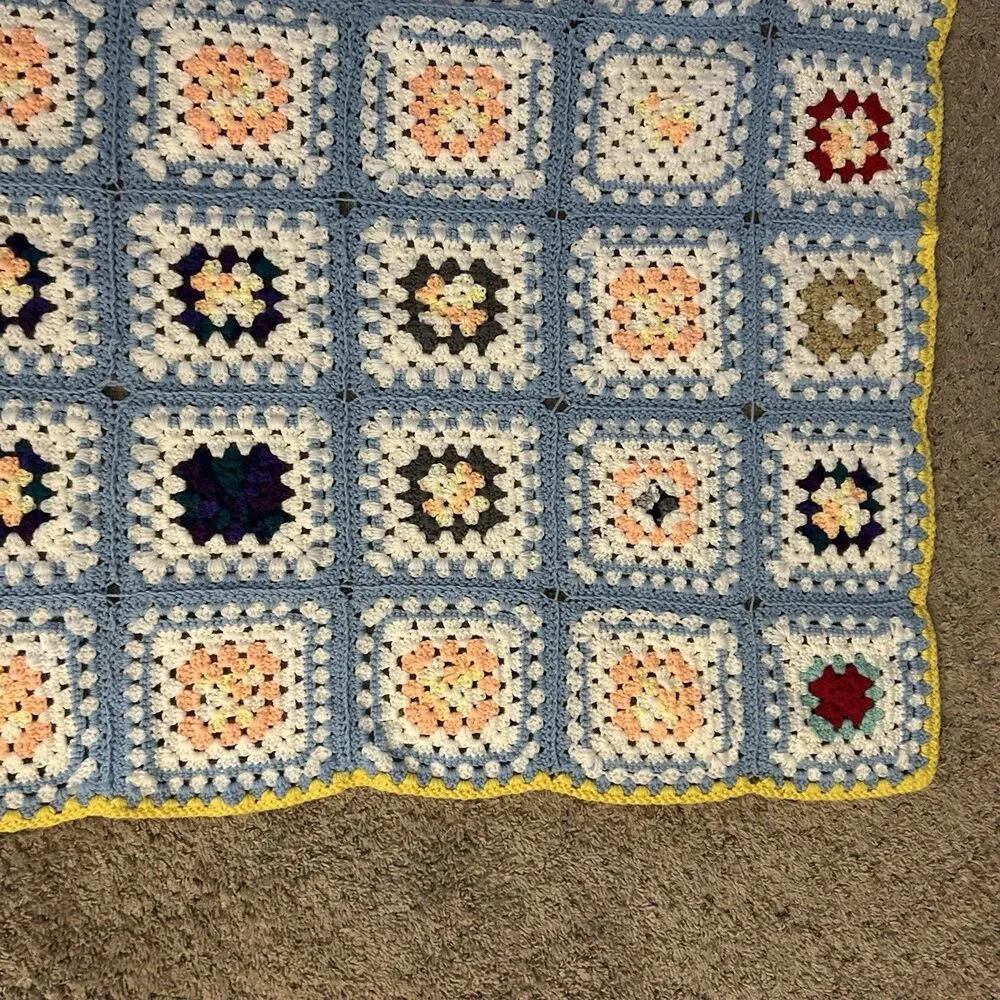 Vintage Crochet Afghan Granny Square Pastel Handmade Baby Blanket 65”x39”